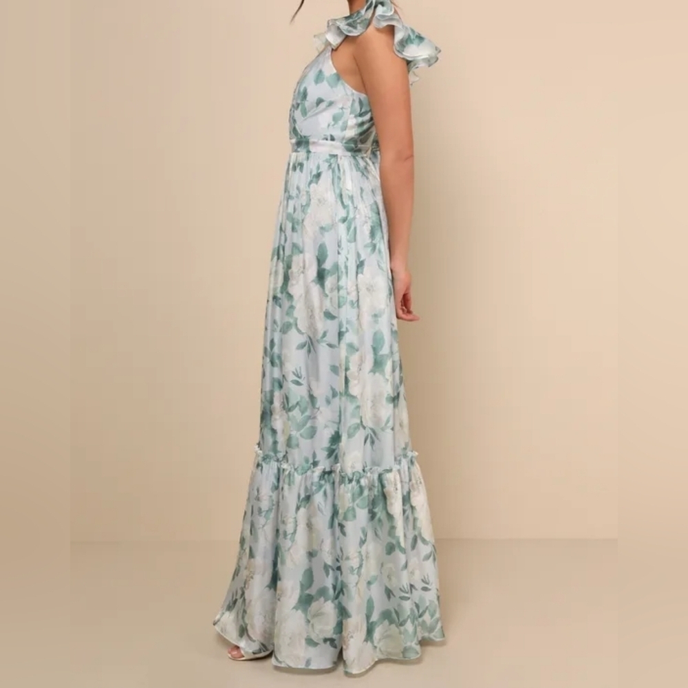 Lulus Soiree Perfection Light Blue & Green Floral Ruffled Tiered Maxi Dress, L - Picture 4 of 12